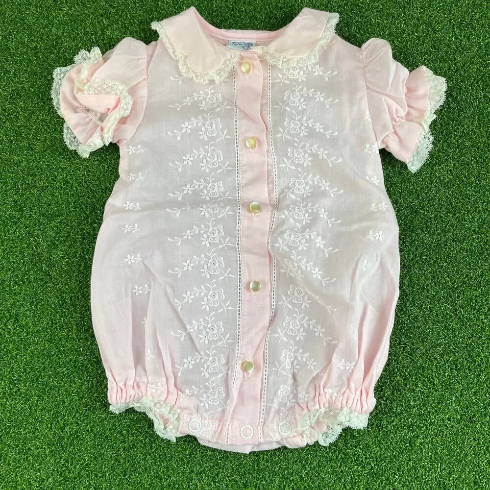 Vintage Toddle Tyke Pink White Lace Frilly Puff Baby Girl Bubble Romper Sz 3Mos